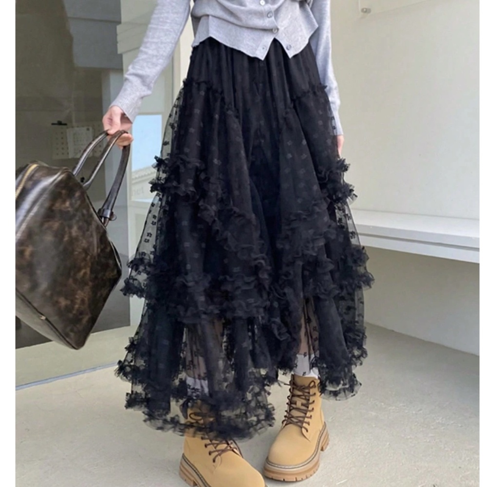 Boho Swiss Dot Lace Stretchy Waist Flared Ruffle Maxi Skirt